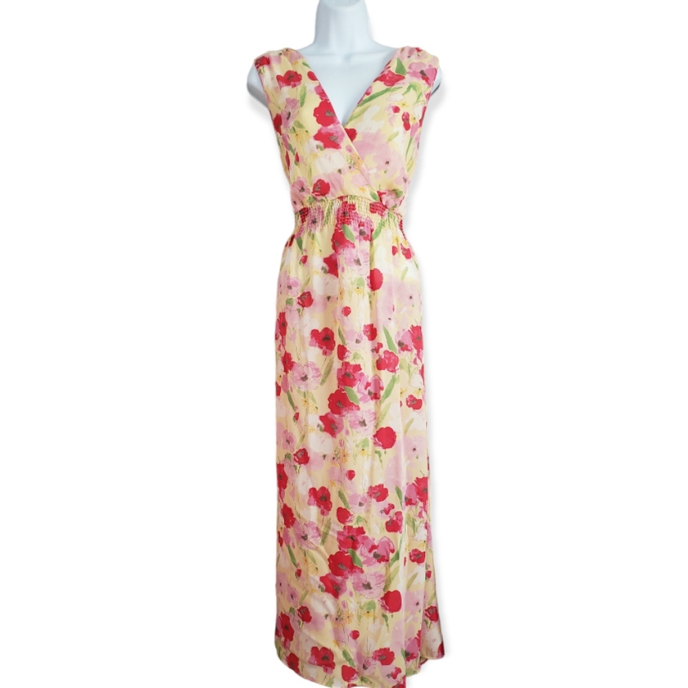 NWT Via del Amore pink red yellow floral smock 100% silk dress Womens XLarge